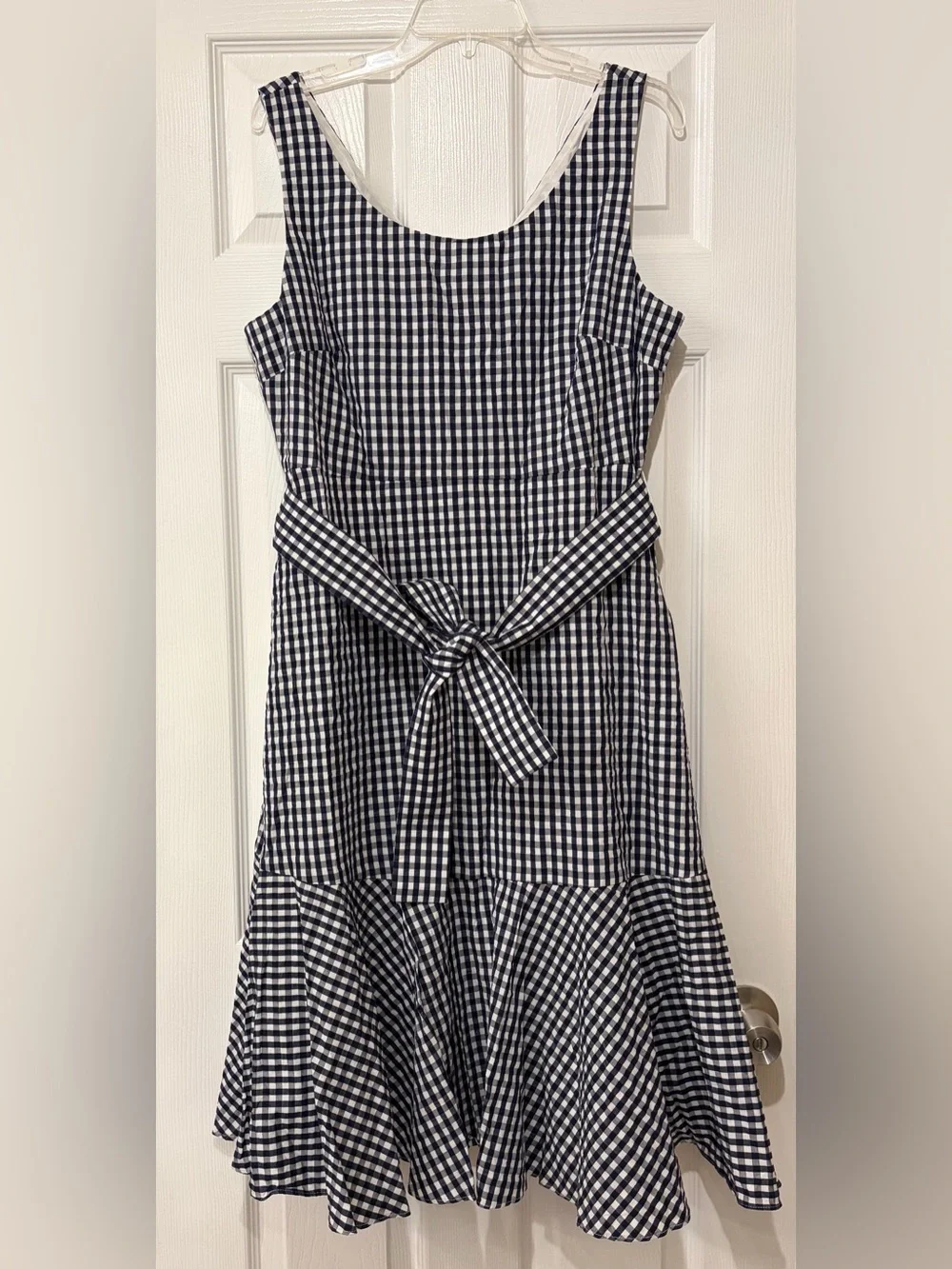 J. Crew JCrew Sleeveless Navy and White Gingham Tie-Waist Ruffle Hem Dress Sz 14